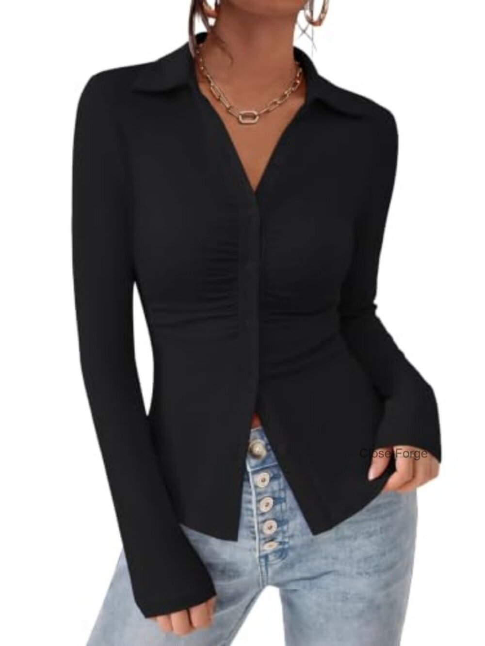 Stretch Knit Button Down Shirt with Ruched Front & Curved Hem